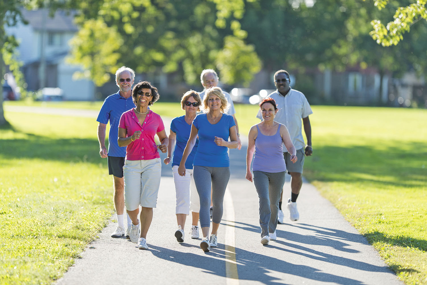 a group of seniors out walking in a park