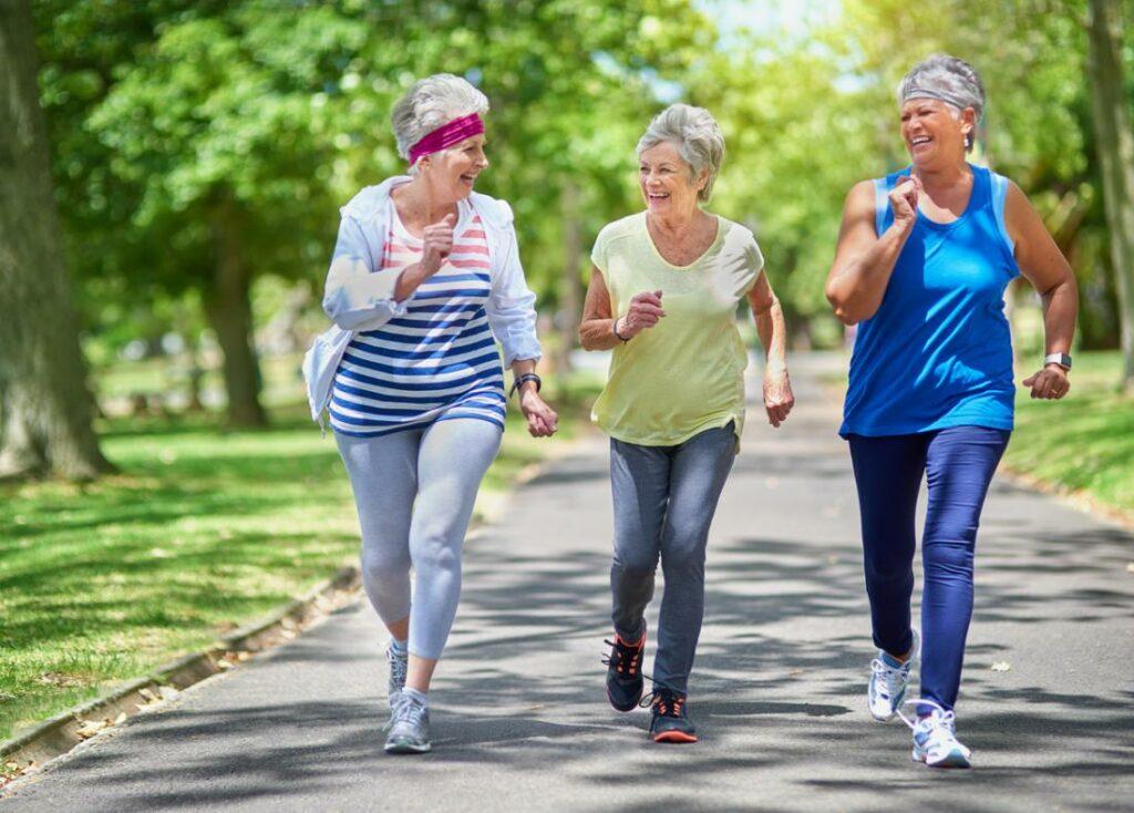 group of three senior ladies experiencing the health benefits of walking daily
